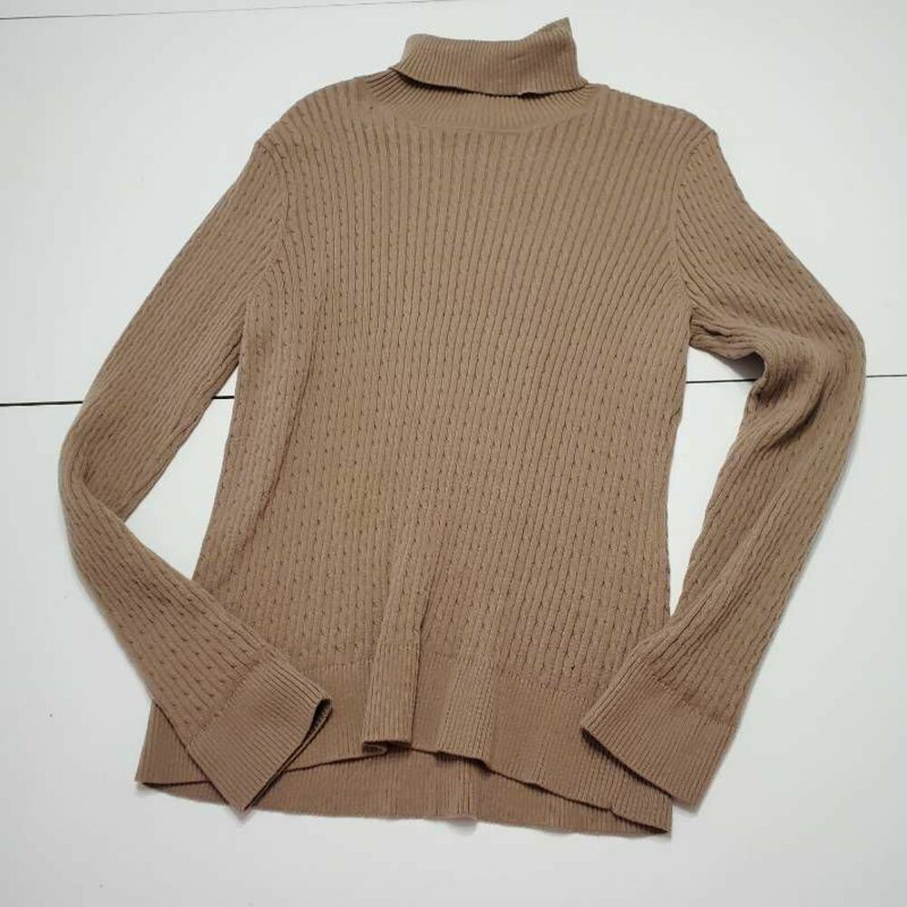 Jeanne Pierre Womens L Pullover Sweater Beige Long Sleeve Turtleneck Cable Knit